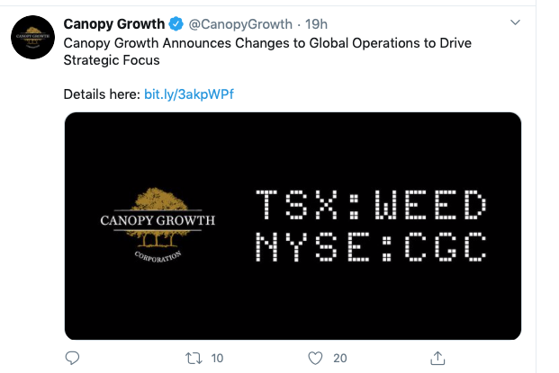 A screenshot of a tweet from Canopy Growth