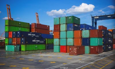 Shipping containers stacked at a port