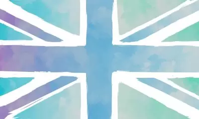 The British flag, the Union Jack, depicted in water colour