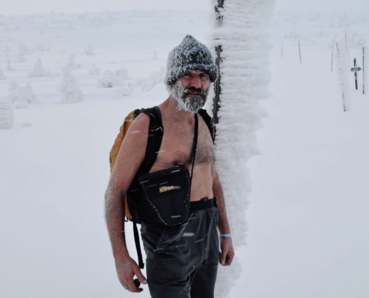 Wim Hof walking in the snow