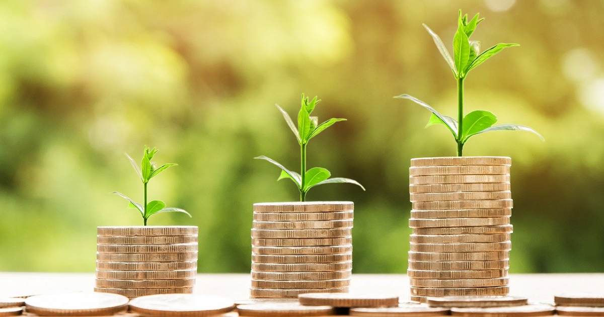 Three piles of coins with seeds sprouting