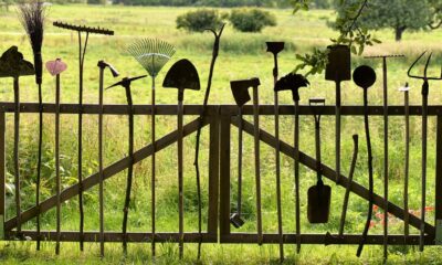 A close up of gardening tools on a fence