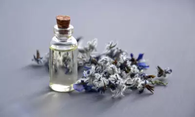A bottle of tincture near some lavender flowers