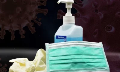 Face mask, gloves and sanitiser