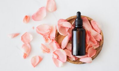cbd oil tincture bottle on rose petals