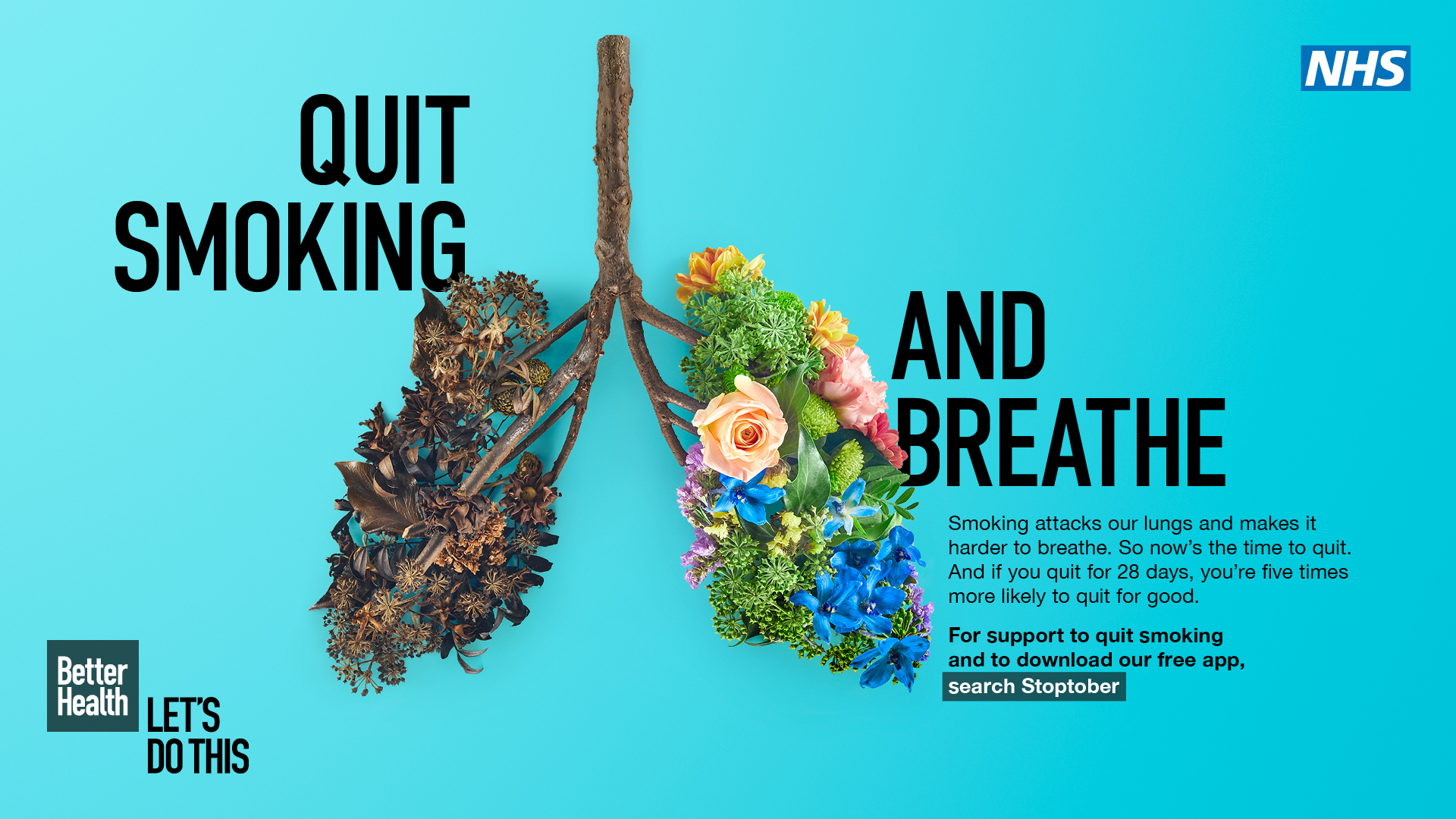 Blue background poster showing human lungs as part of NHS stop smoking campaign