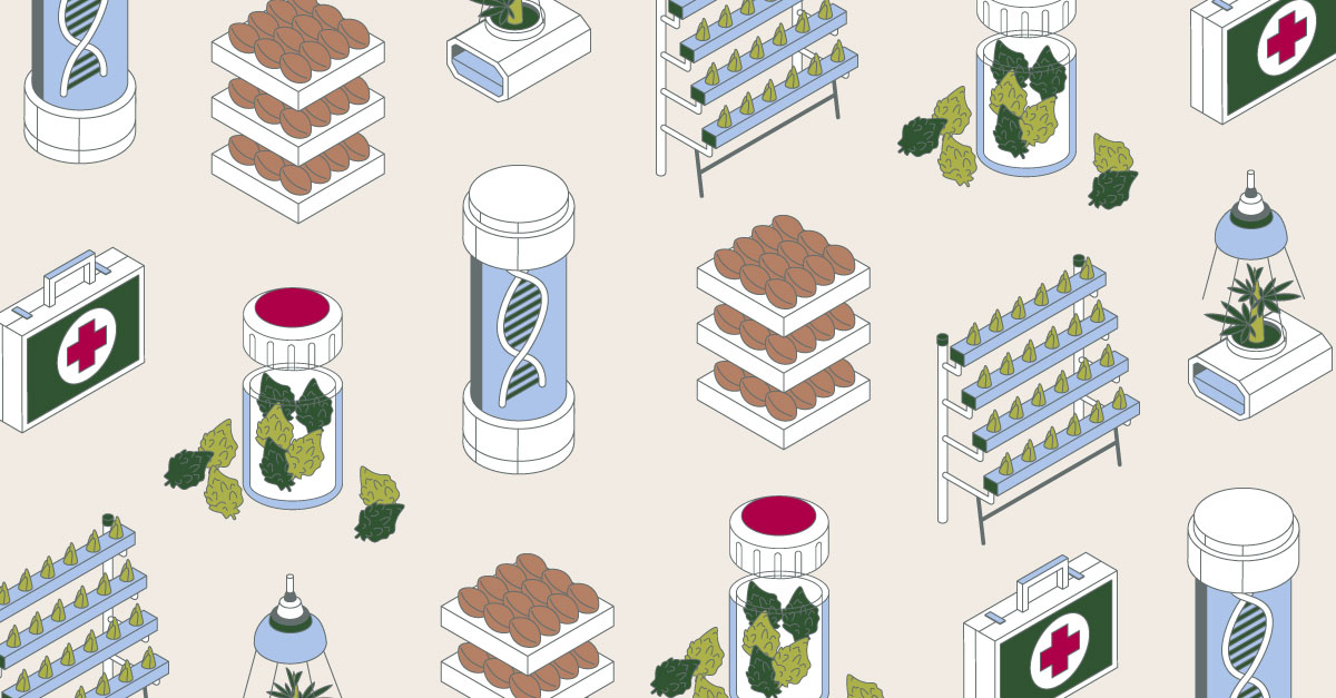 Colourful illustration showing symbols of healthcare, the Red Cross and DNA structure