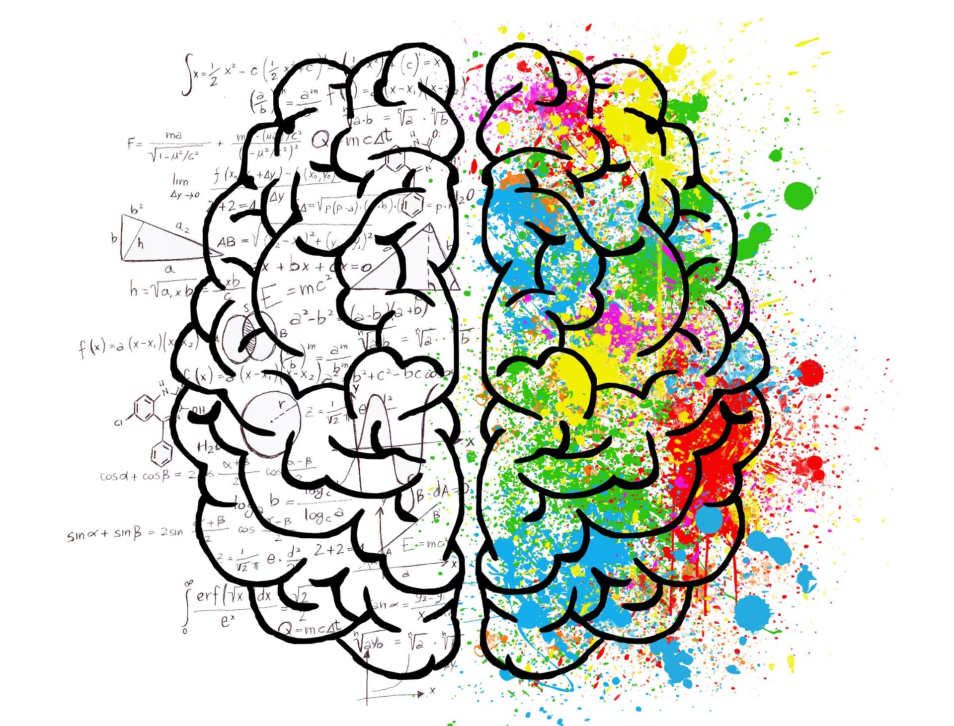 A drawing of the shape of a brain, illustrating bright, mixed colours of red, yellow, blue and green on one side