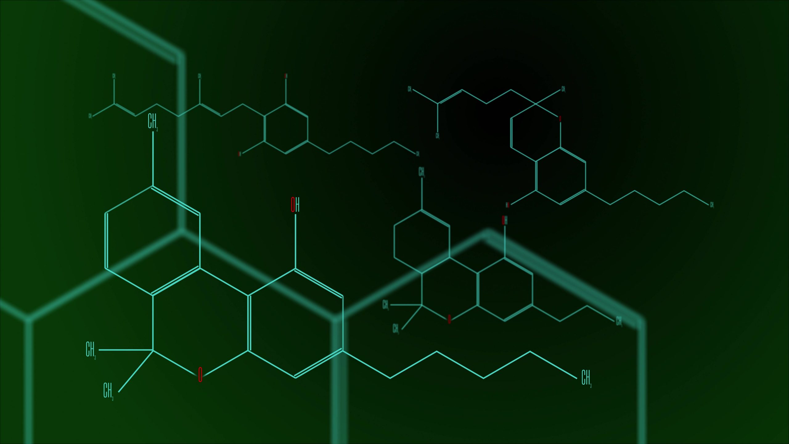 Cannabinoid molecules on a green and black background