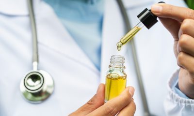 CBD Hemp oil, Doctor holding a bottle of hemp oil, Medical marijuana products including cannabis leaf, cbd and hash oil, alternative medicine