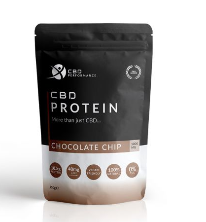 A brown and black packet of CBD protein powder