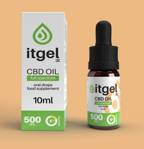 A brown bottle of CBD oil next to its white box with a green logo. The products are on a light orange background.