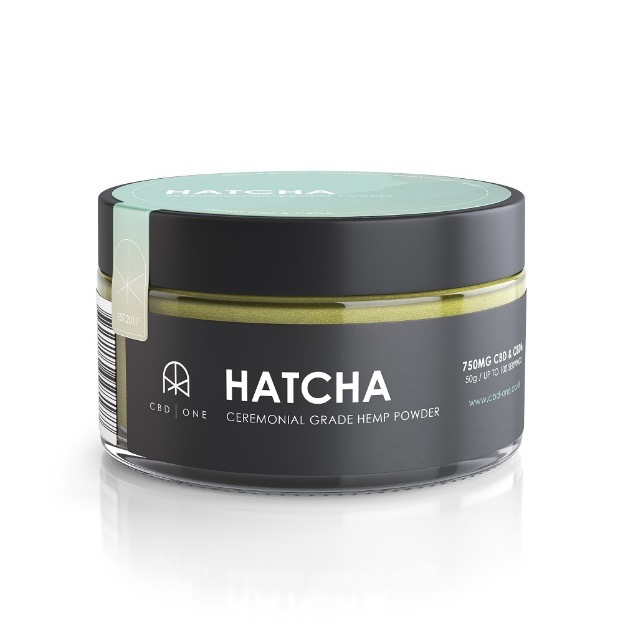 cbd one hatcha ceremonial grade hemp powder product in a black glass container