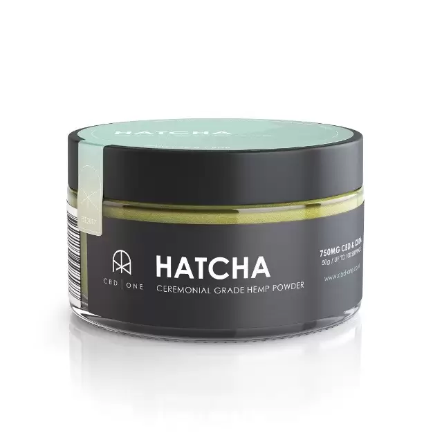 cbd one hatcha ceremonial grade hemp powder product in a black glass container